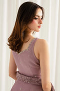 Close-up of hand embroidery and lace waist detail on Rungish mauve tunic – back view