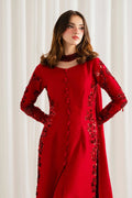 Close-up of floral sequin and beadwork embroidery on Rungish red kurta sleeve and front panel