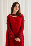 Rungish red kurta with beaded choker neckline and covered button placket – close-up