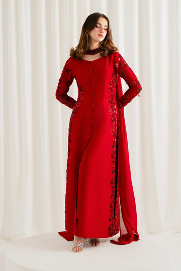 Rungish red hand-embellished long kurta with front button placket – full front view
